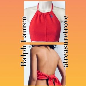 New Ralph Lauren Classic Upcycled Reworked Halter XS / S Red Tie-Neck Crop Tank